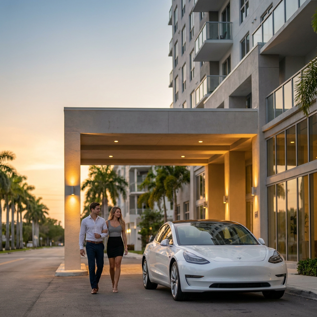 Envoy Tesla at hotel porte-cochere